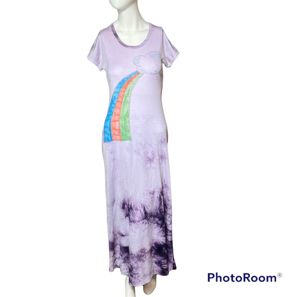 Vintage 70s Rainbow Dress size Small XS Purple Tie Dye Maxi Boho Hippie
